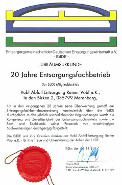 Jubiläumsurkunde 20 Jahre Entsorgungsfachbetrieb